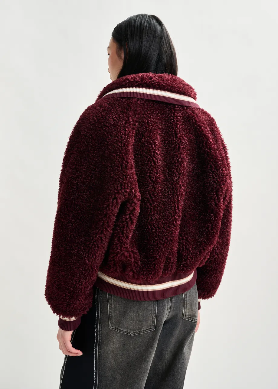 Burgundy and white oversized faux shearling bomber jacket