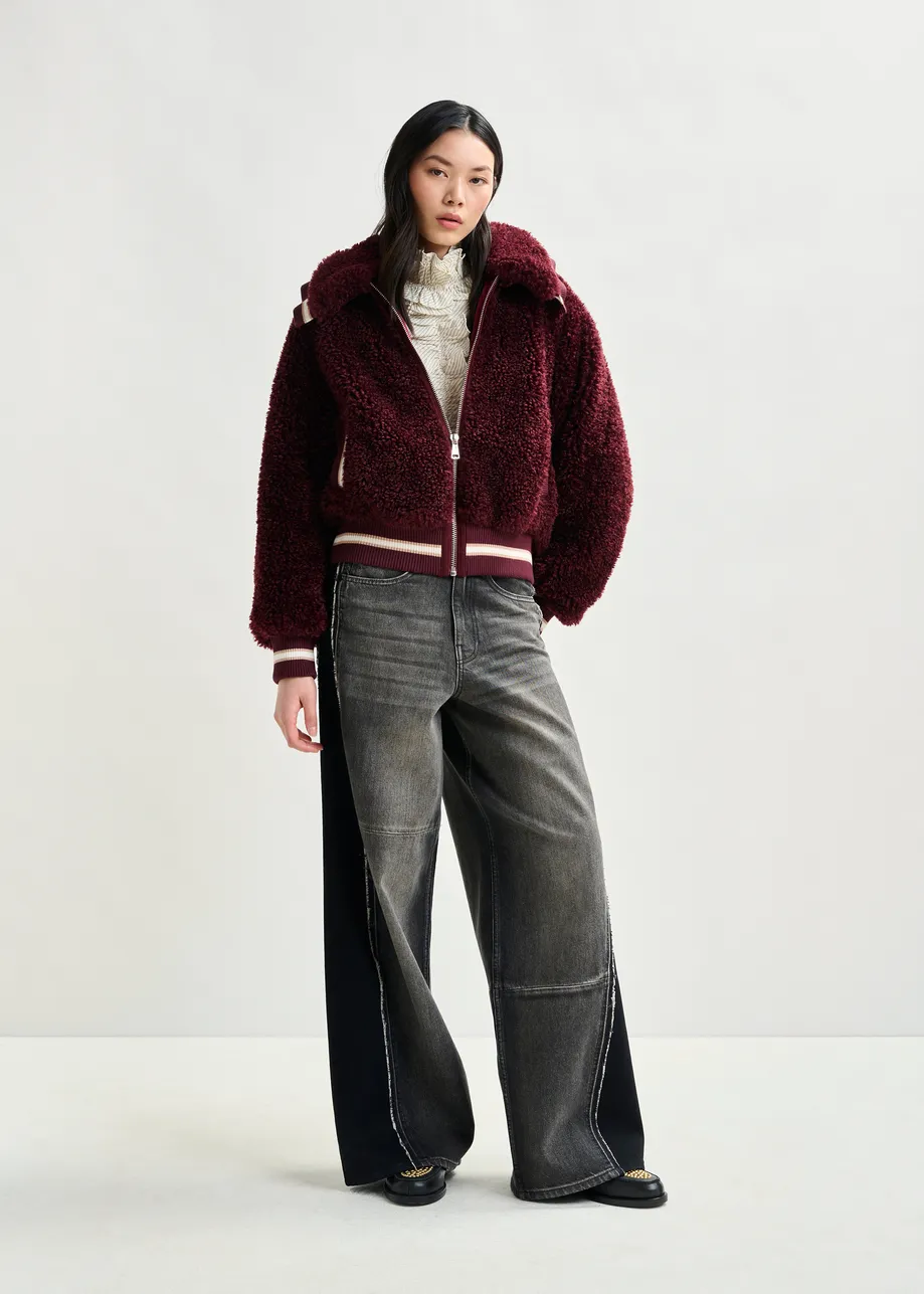 Burgundy and white oversized faux shearling bomber jacket
