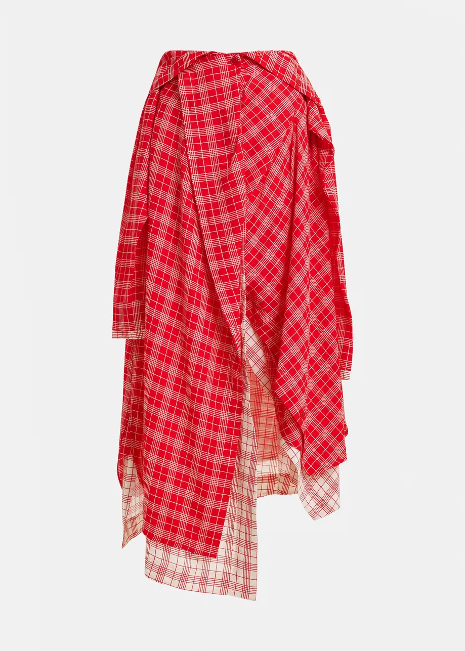 Red and off-white asymmetrical draped skirt with shirt-sleeve waist detail