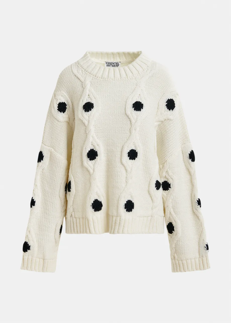 White and black polka-dot cable-knit sweater