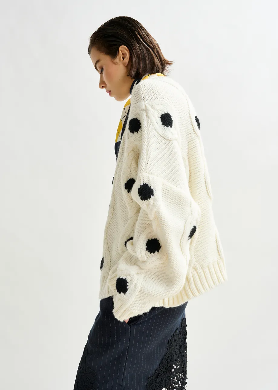 White and black polka-dot cable-knit sweater