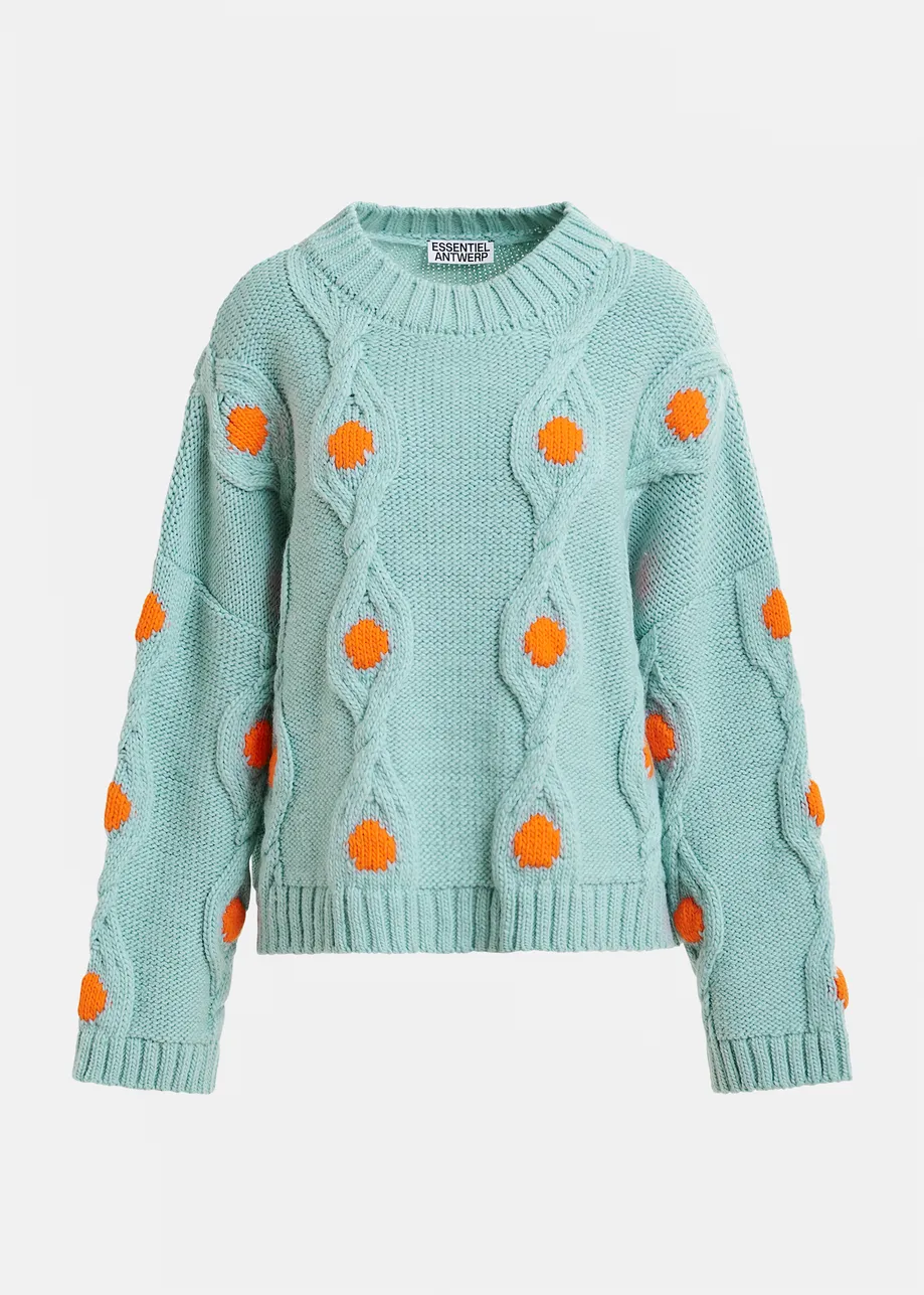 Light blue and orange polka-dot cable-knit sweater