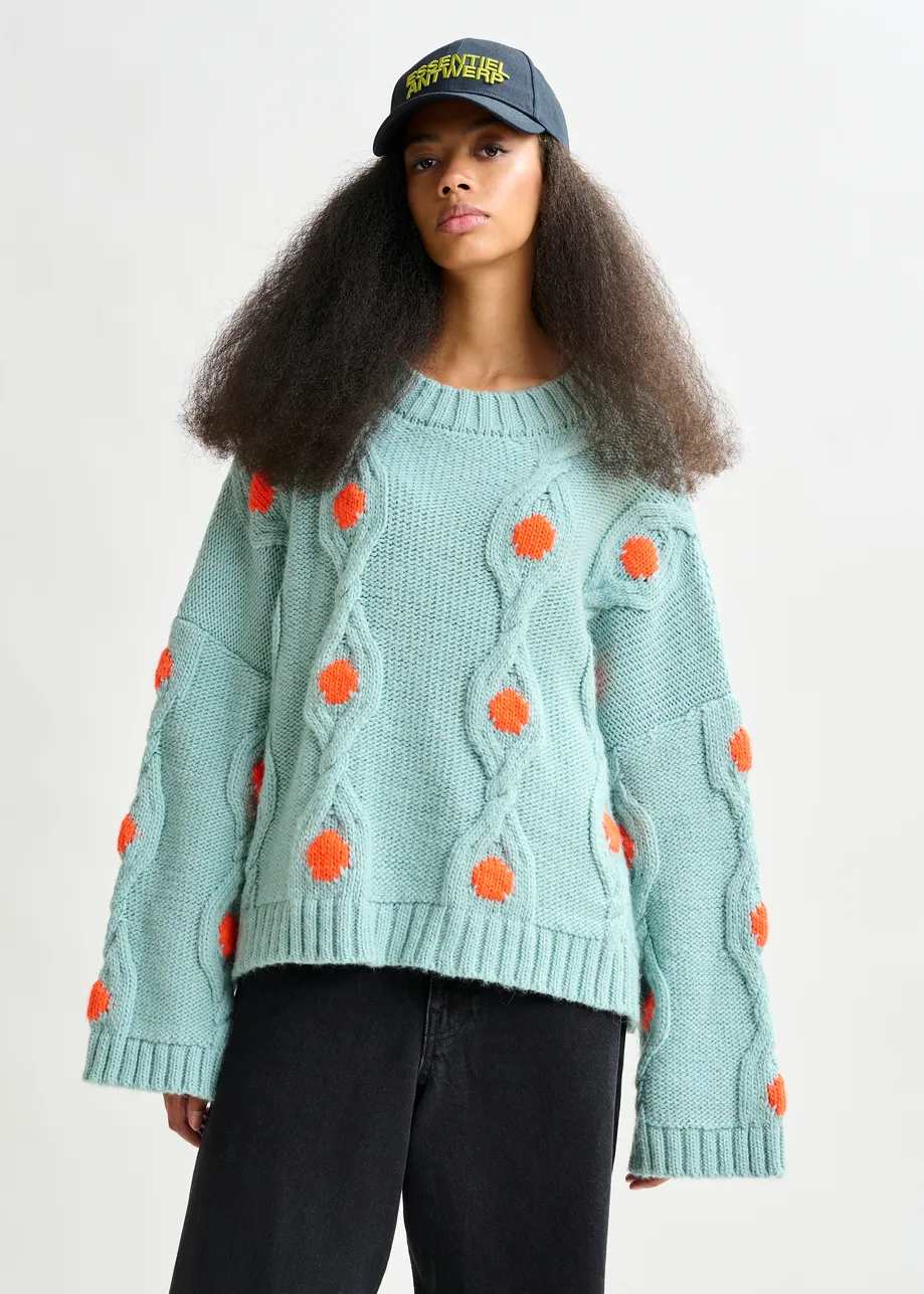 Light blue and orange polka-dot cable-knit sweater