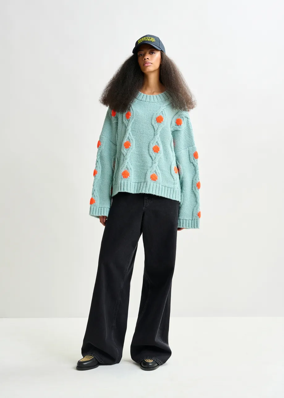 Light blue and orange polka-dot cable-knit sweater