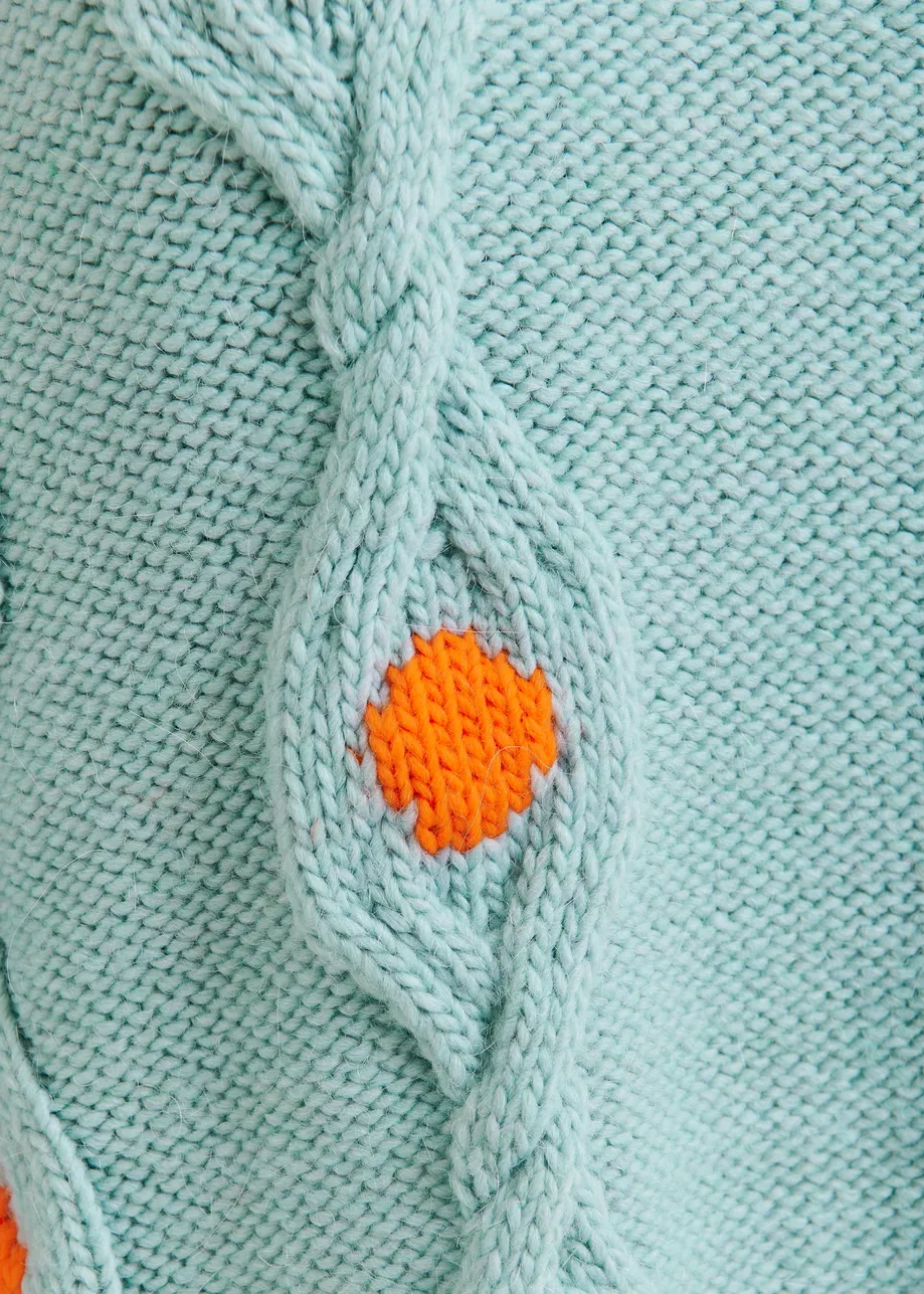 Light blue and orange polka-dot cable-knit sweater