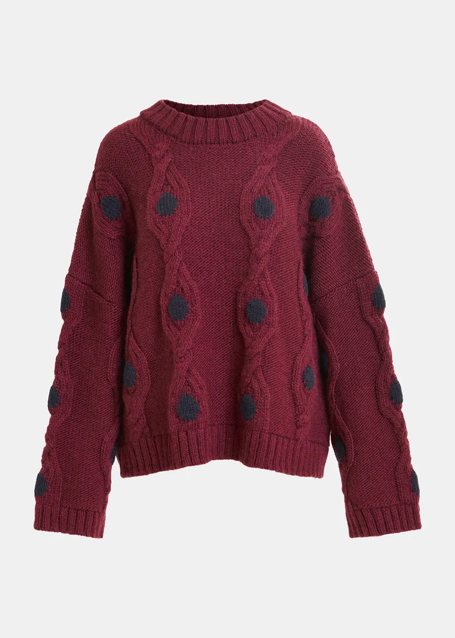 Burgundy and navy polka-dot cable-knit sweater