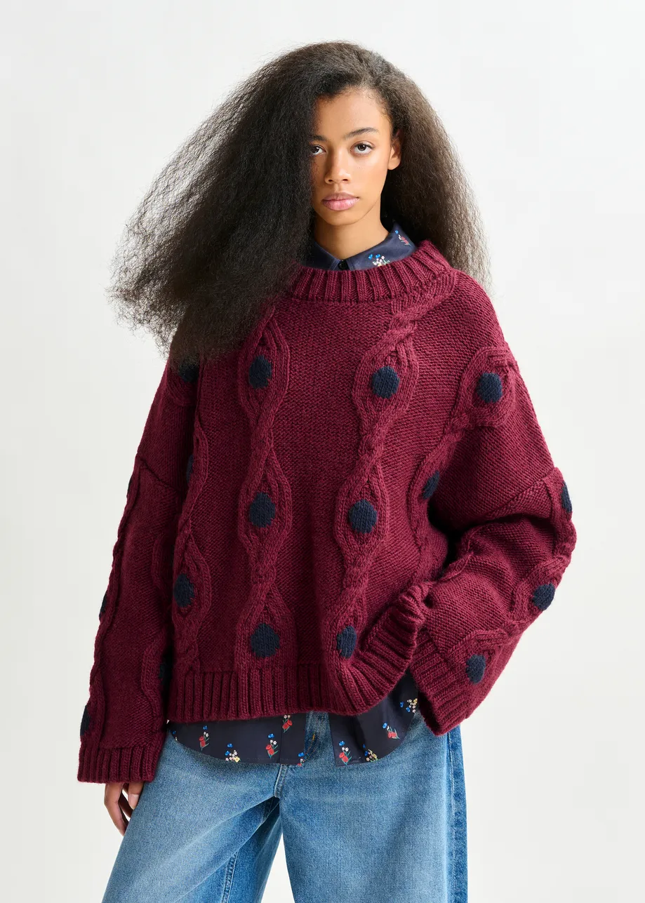 Burgundy and navy polka-dot cable-knit sweater