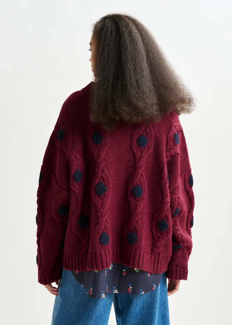 Burgundy and navy polka-dot cable-knit sweater