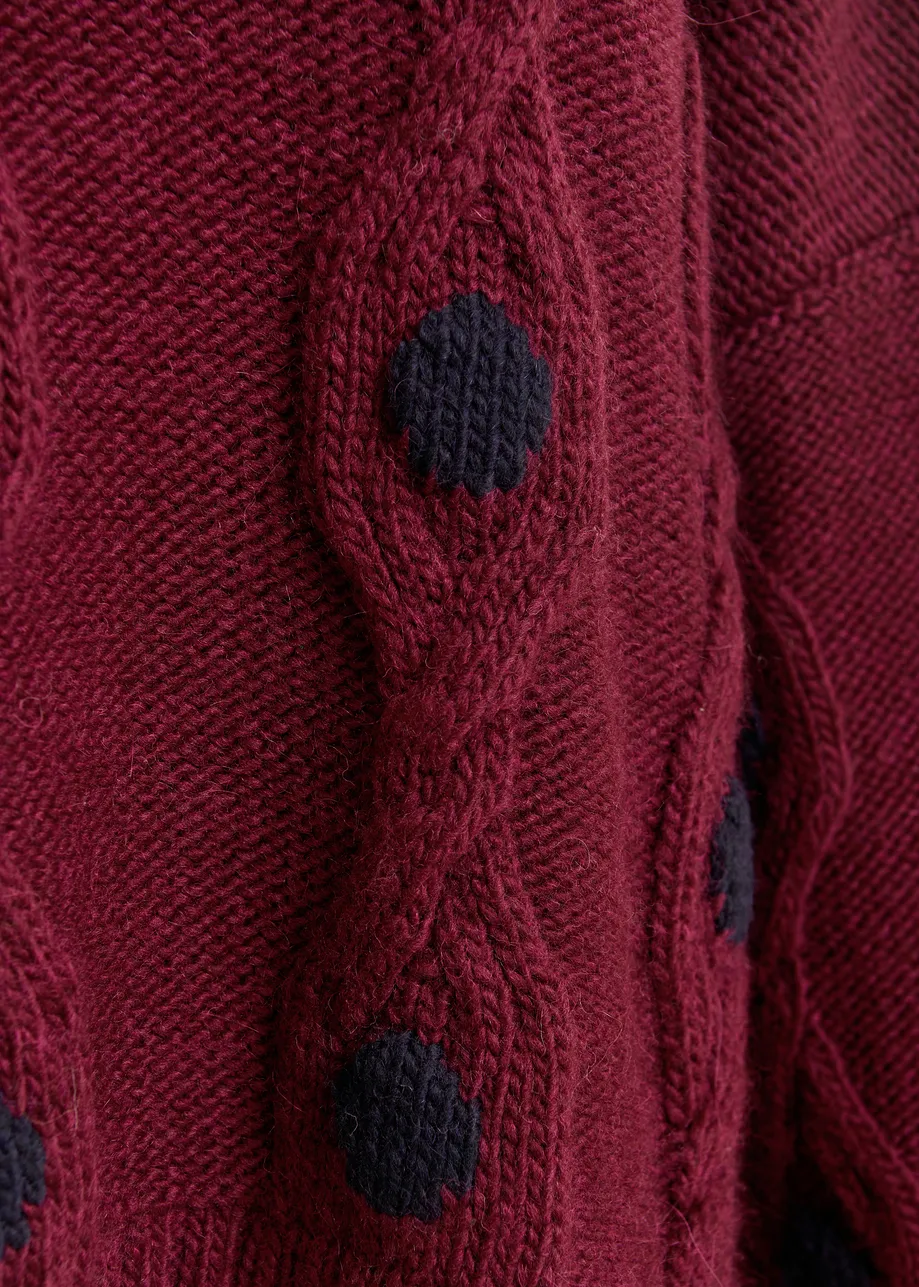 Burgundy and navy polka-dot cable-knit sweater