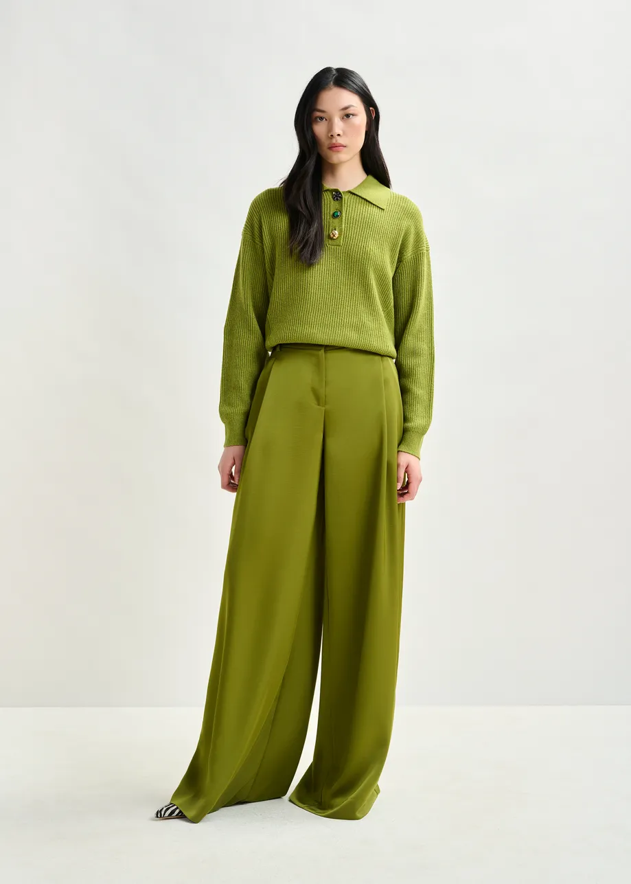 Olive green wide-leg satin pants