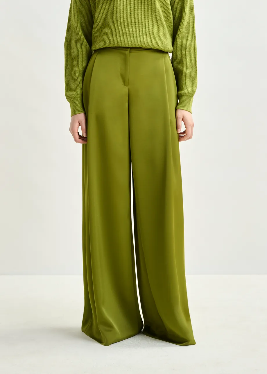 Olive green wide-leg satin pants