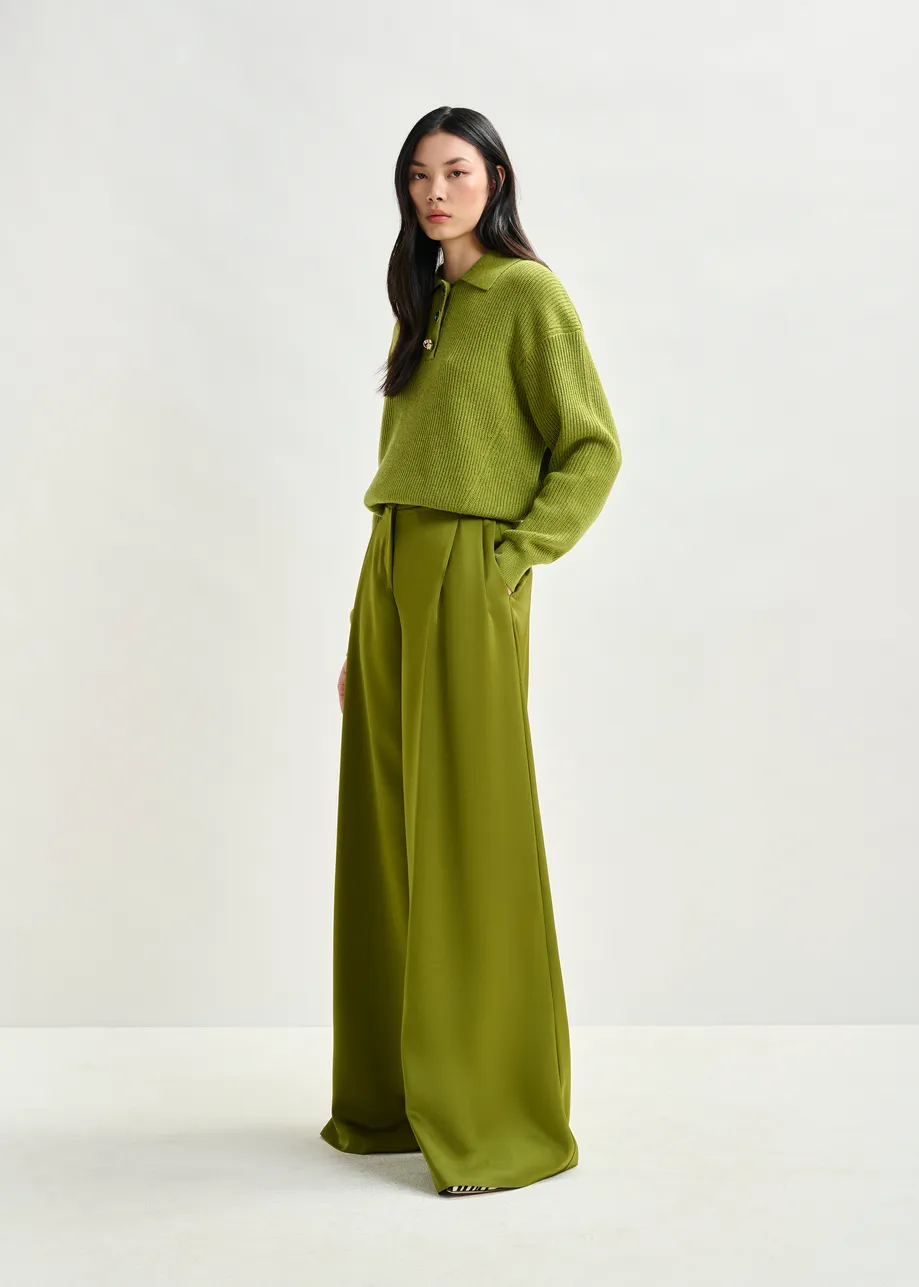 Olive green wide-leg satin pants