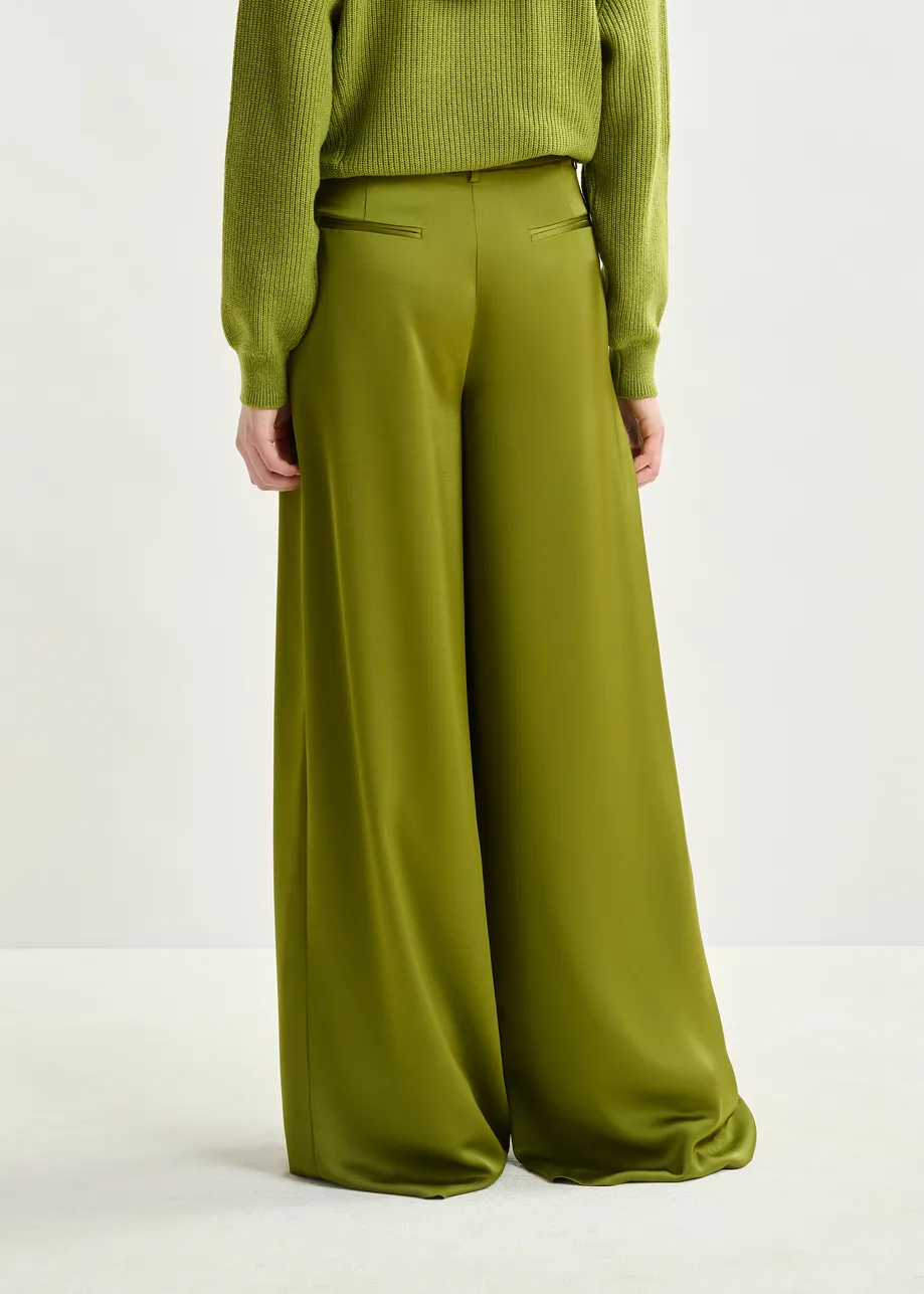 Olive green wide-leg satin pants