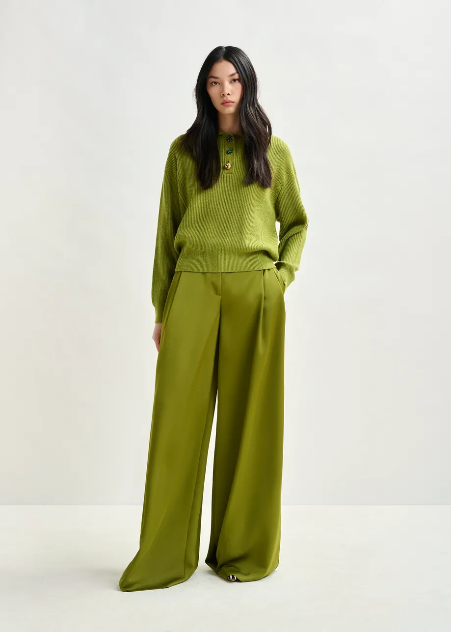 Olive green wide-leg satin pants