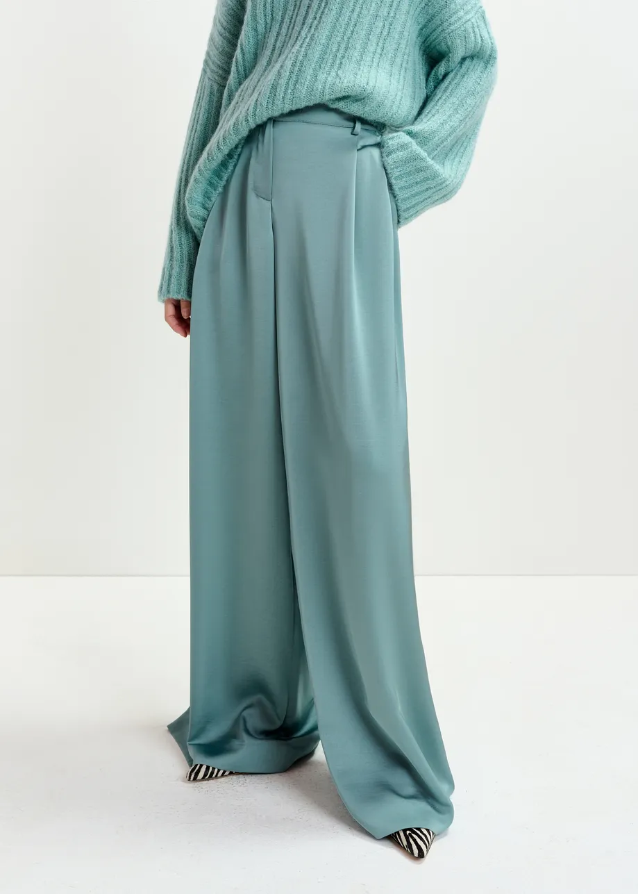Light blue wide-leg satin pants