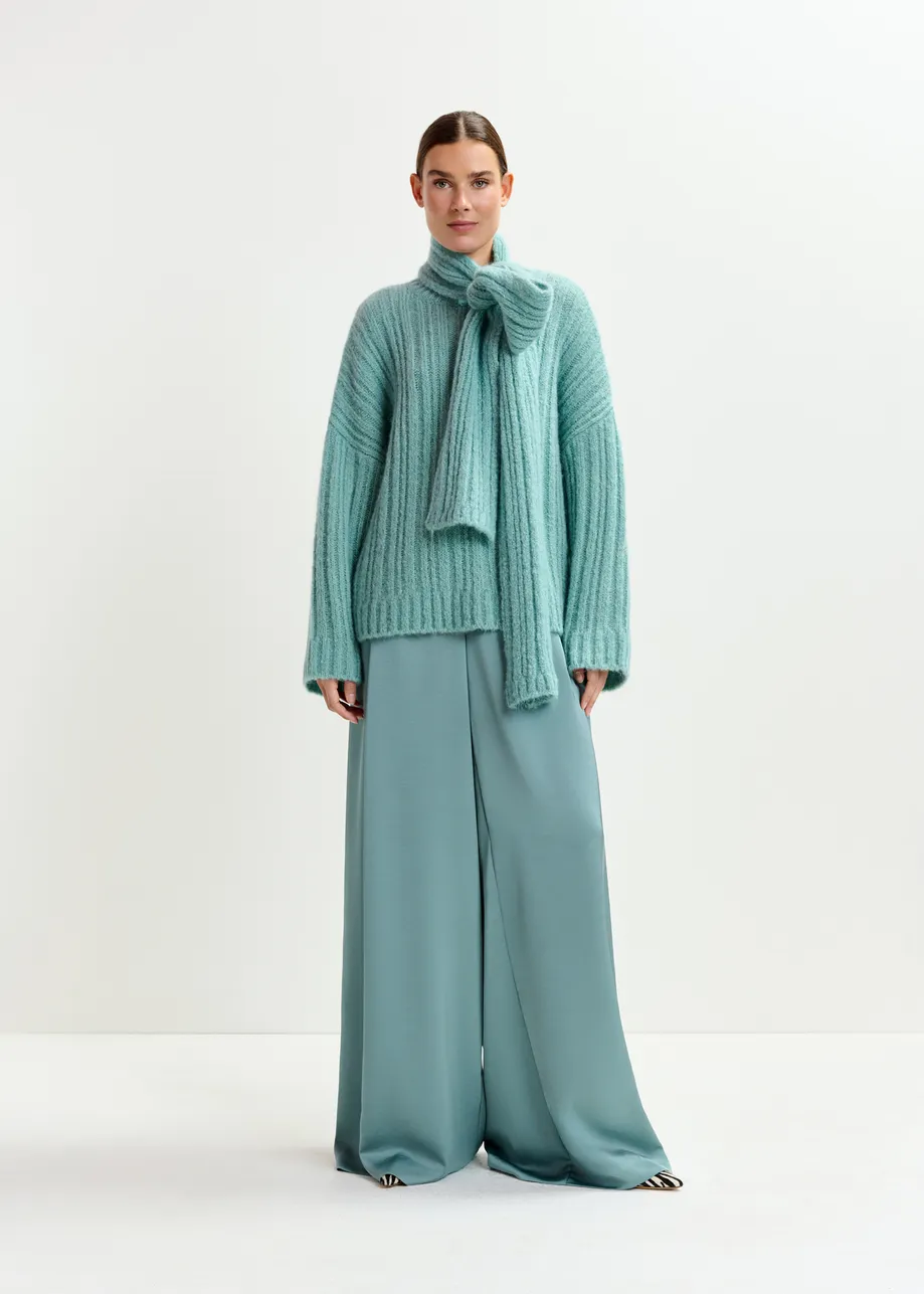 Light blue wide-leg satin pants