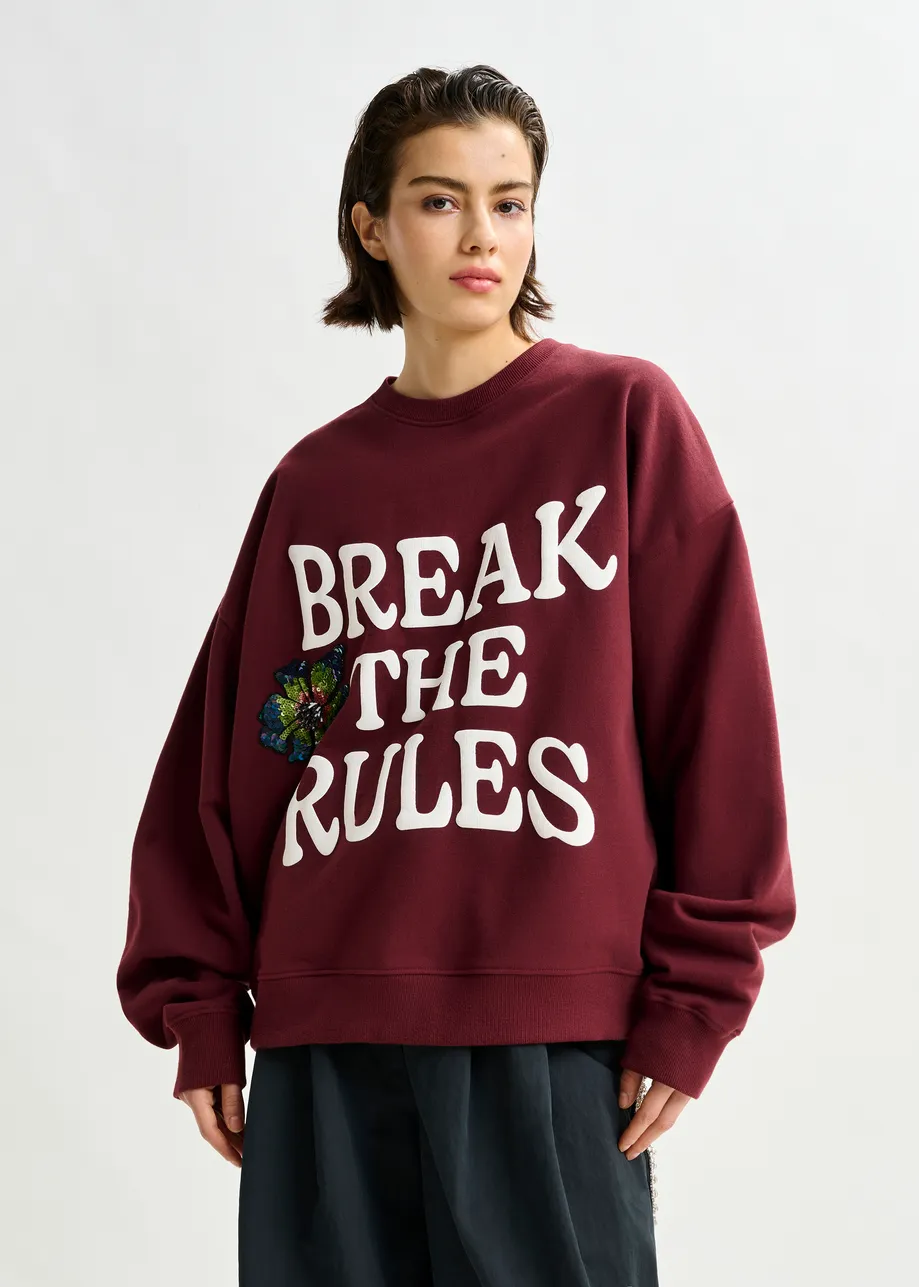 Burgundy, white and multicolor cotton sweatshirt with sequin and bead embellishments