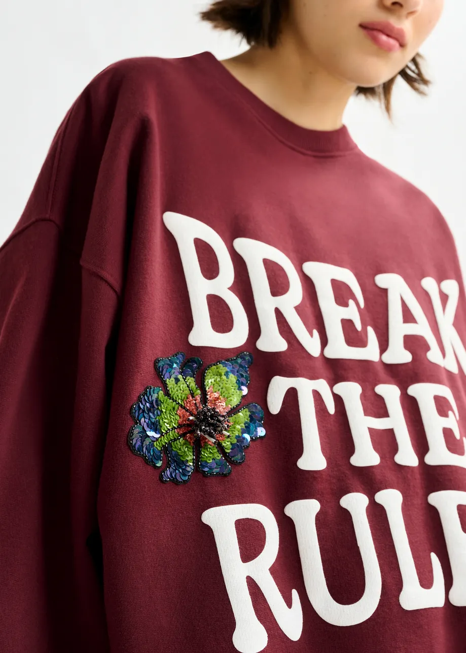 Burgundy, white and multicolor cotton sweatshirt with sequin and bead embellishments