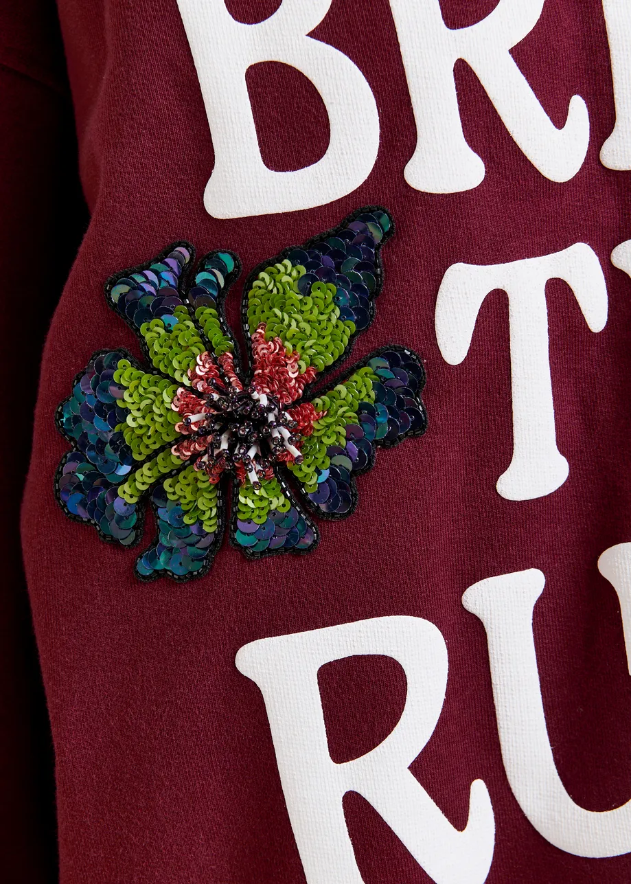Burgundy, white and multicolor cotton sweatshirt with sequin and bead embellishments