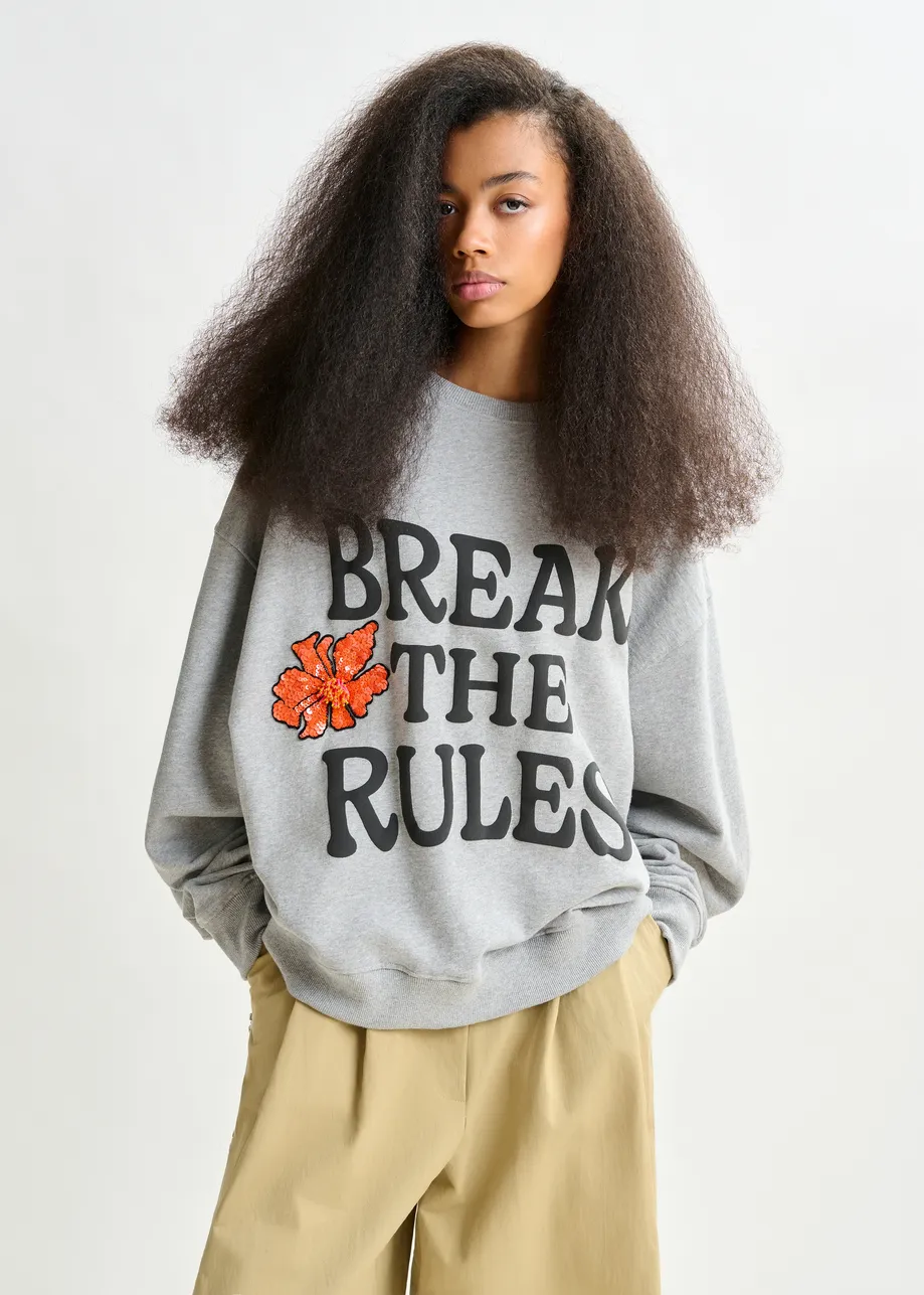 Grey, black and orange cotton sweatshirt with sequin and bead embellishments