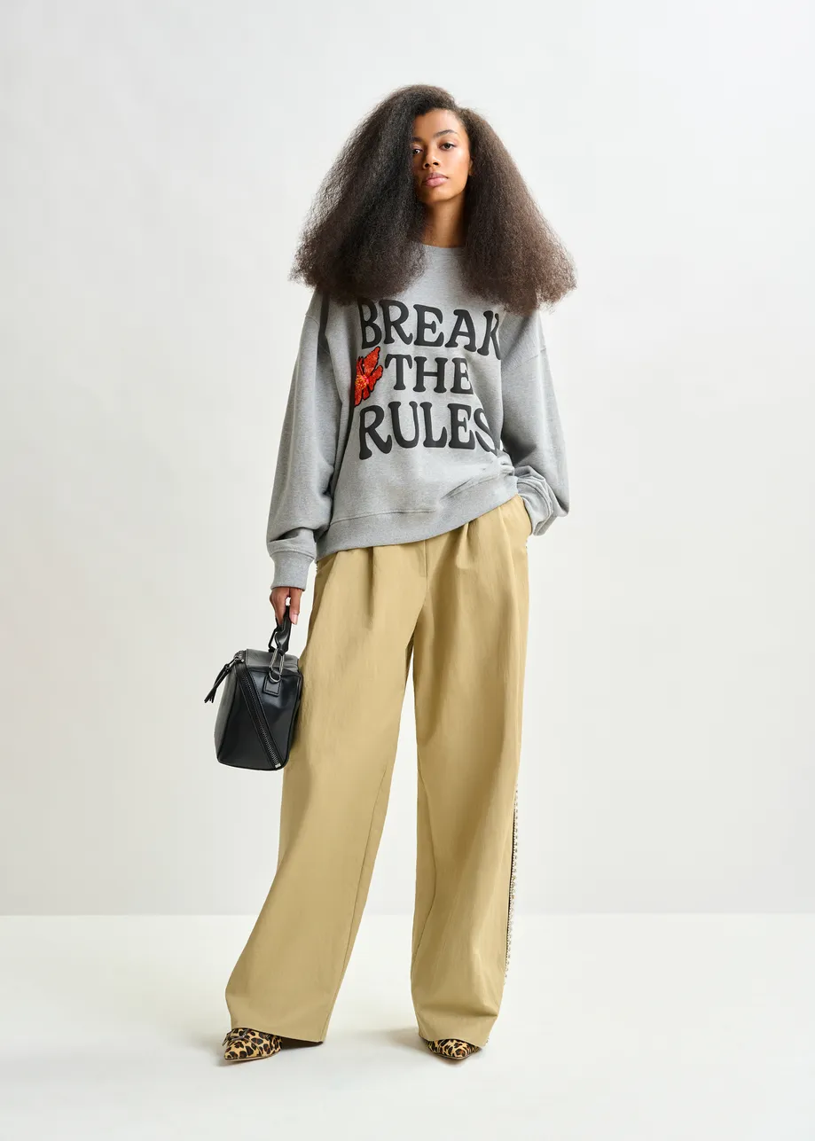 Grey, black and orange cotton sweatshirt with sequin and bead embellishments