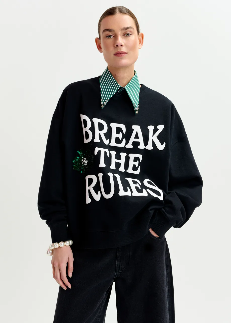 Black, white and green cotton sweatshirt with sequin and bead embellishments