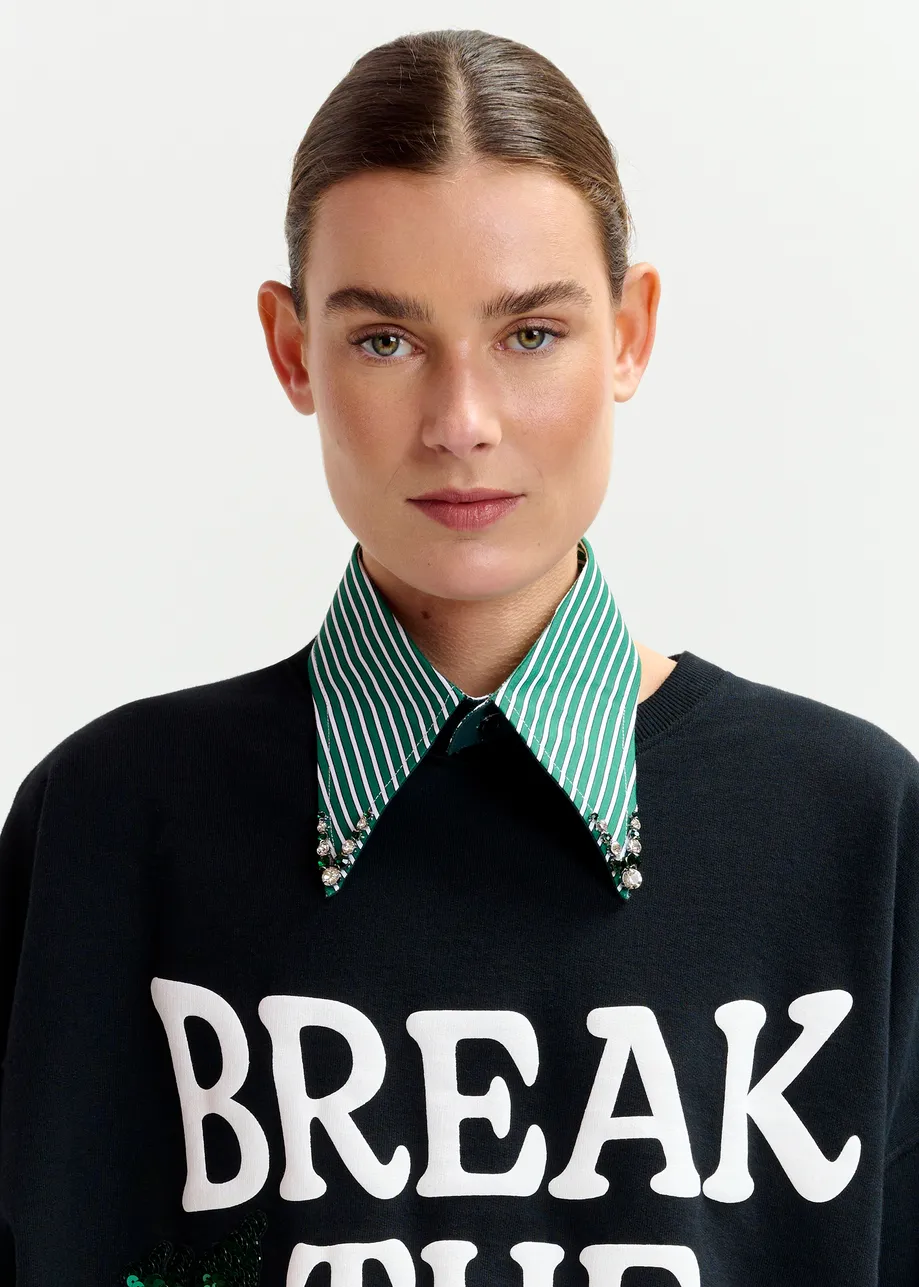 Black, white and green cotton sweatshirt with sequin and bead embellishments