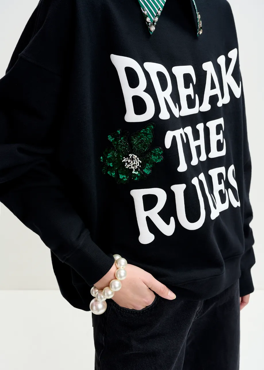 Black, white and green cotton sweatshirt with sequin and bead embellishments