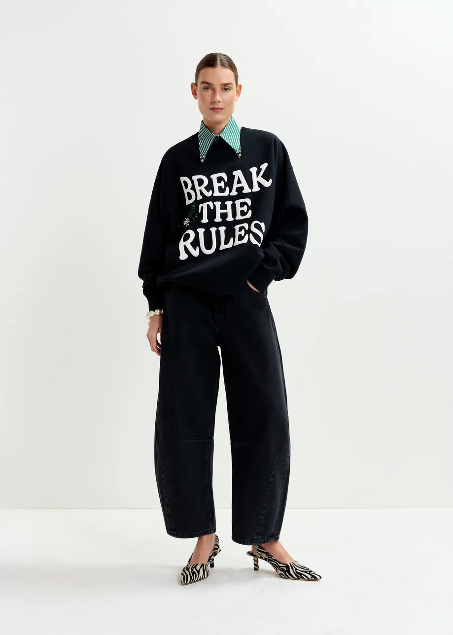 Black, white and green cotton sweatshirt with sequin and bead embellishments
