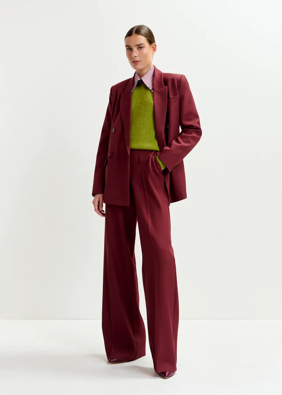 Burgundy wide-leg pants with pressed crease