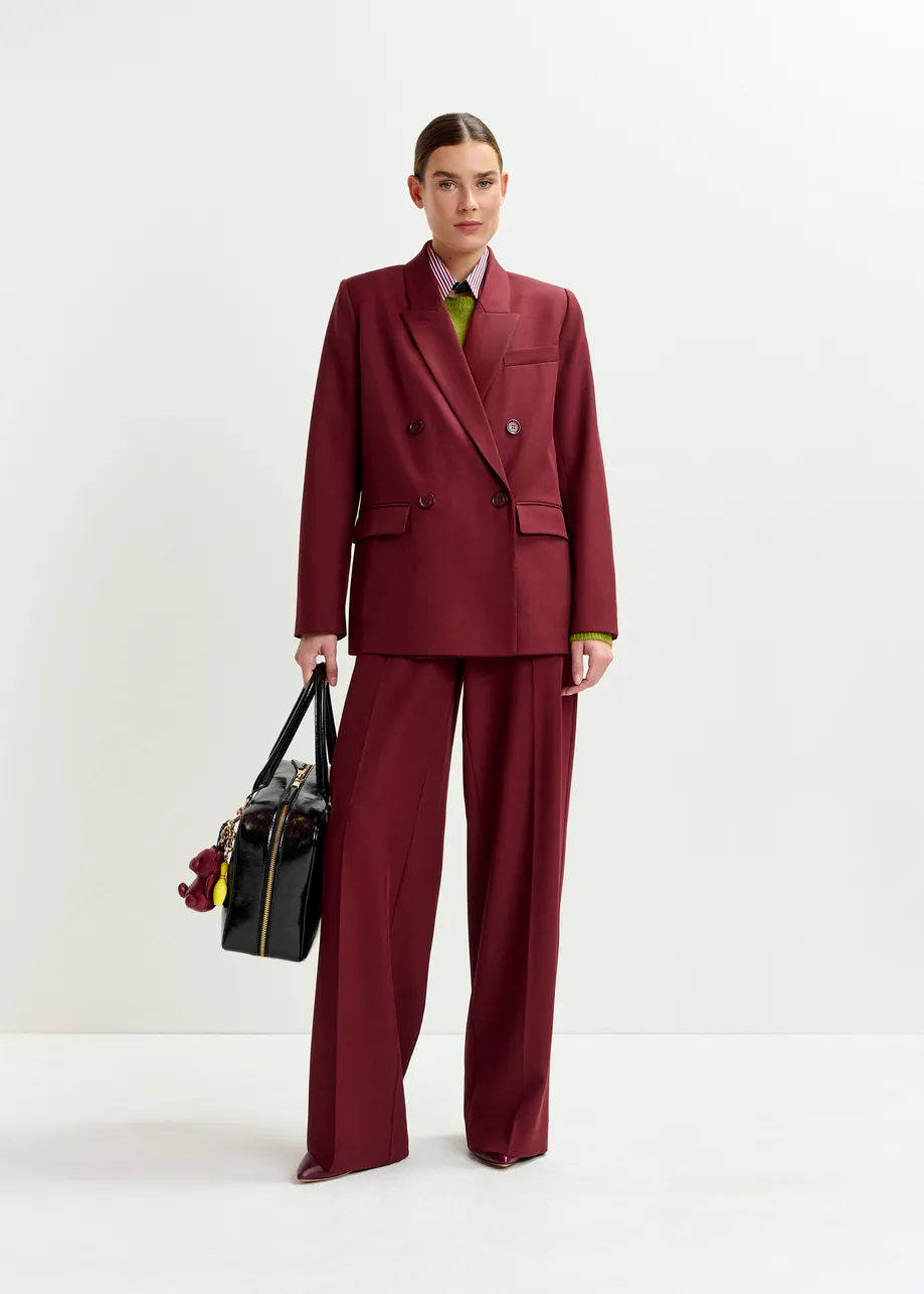 Burgundy wide-leg pants with pressed crease