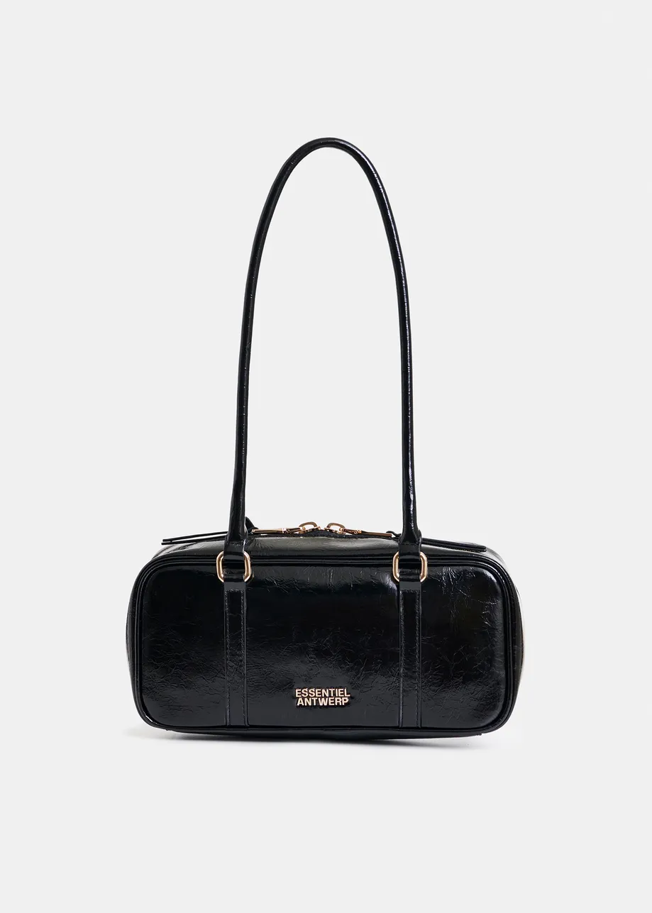 Black glossy shoulder baguette bag