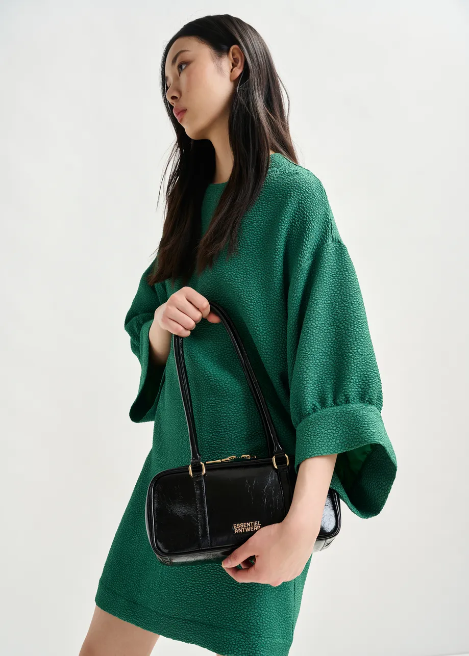 Black glossy shoulder baguette bag