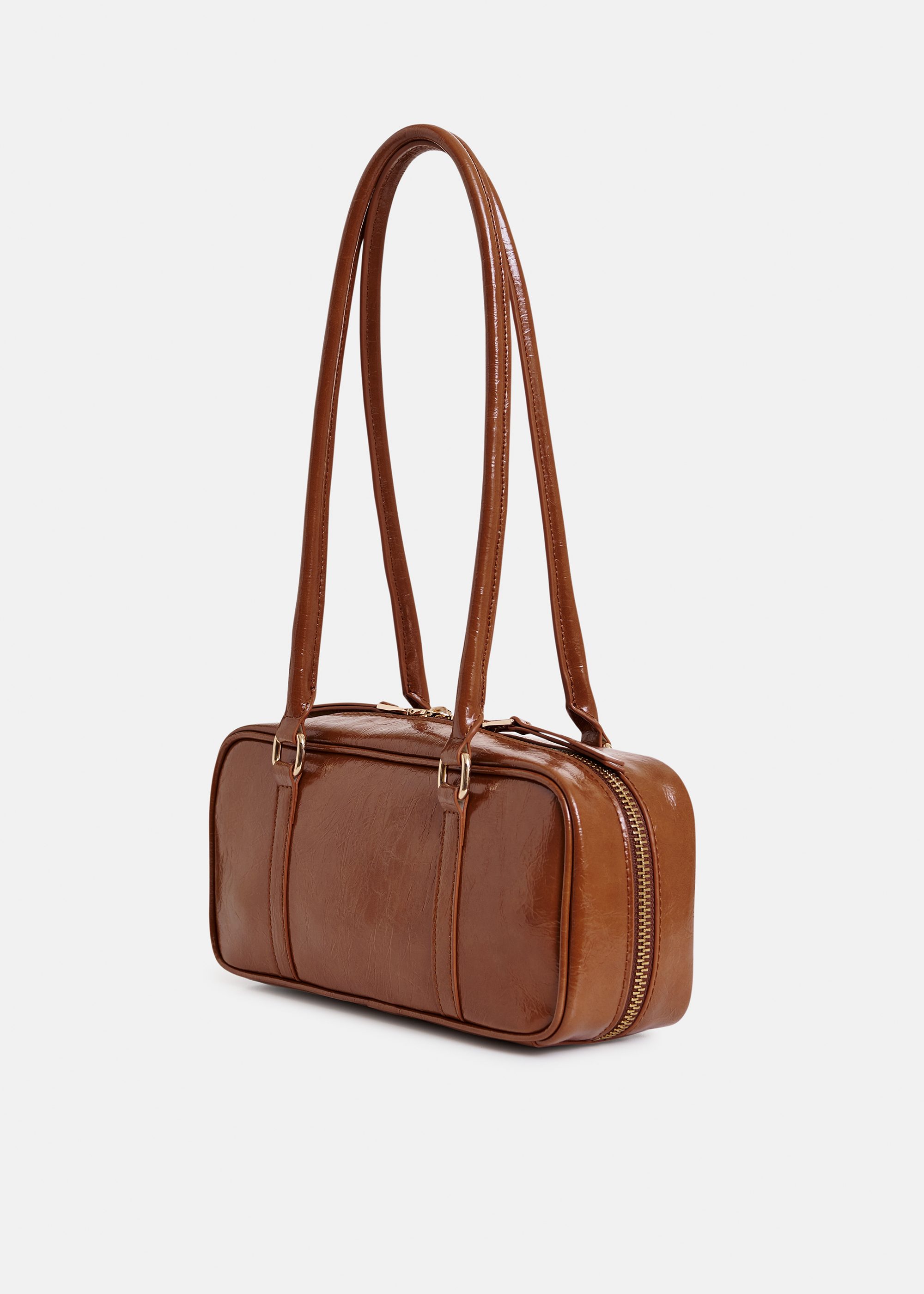 Brown glossy shoulder baguette bag | Essentiel Antwerp