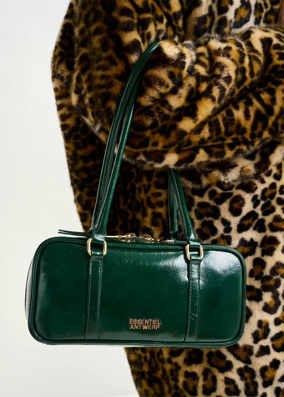 Dark green glossy shoulder baguette bag