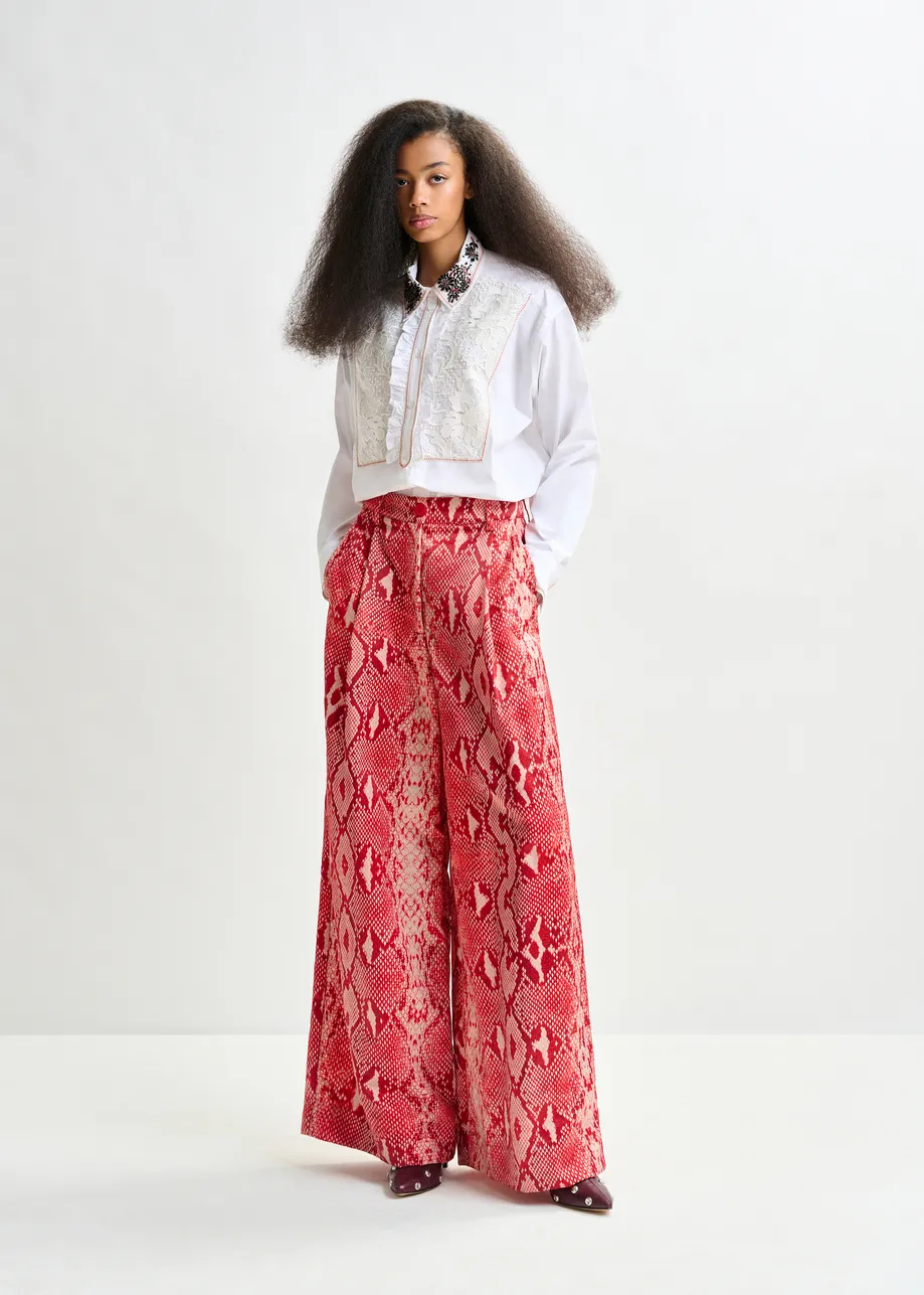 Red and orange snakeprint wide-leg pants