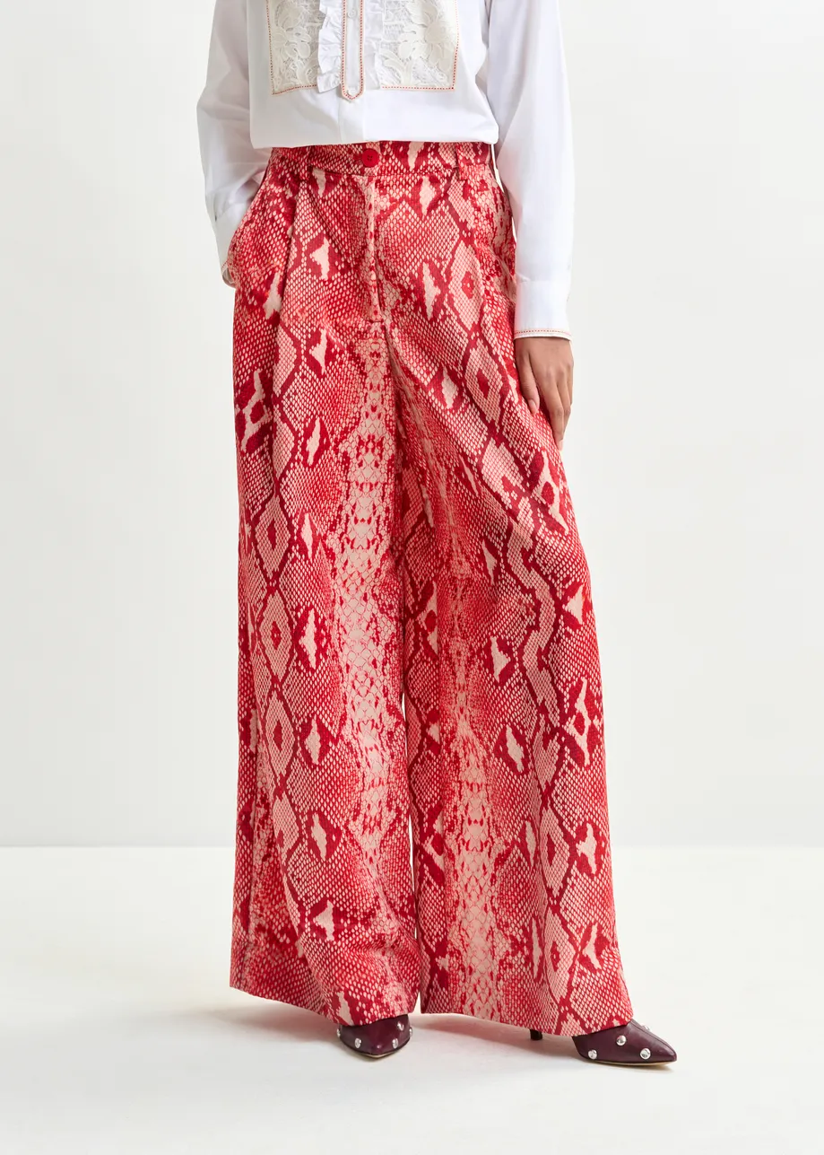 Red and orange snakeprint wide-leg pants