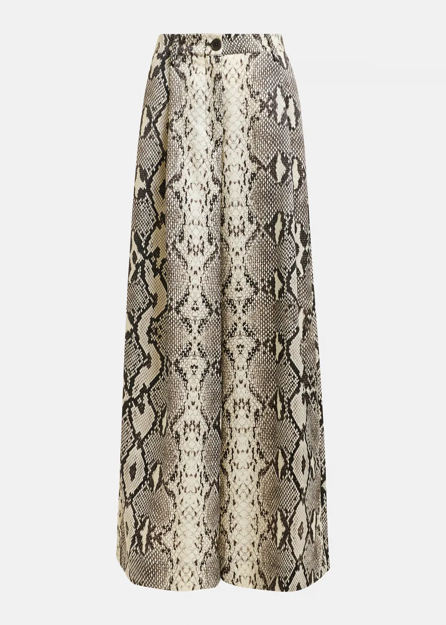 Green, beige and black snakeprint wide-leg pants