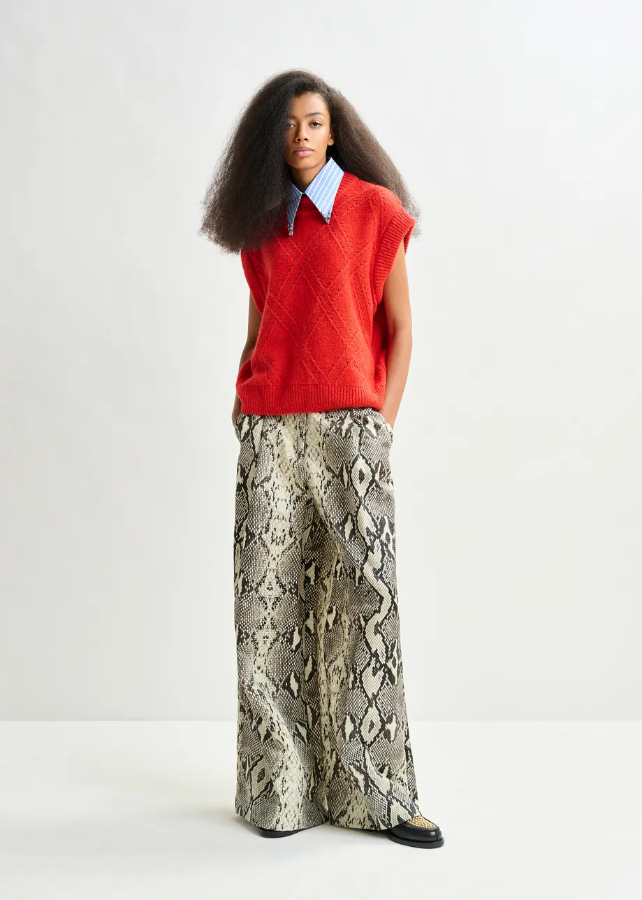 Green, beige and black snakeprint wide-leg pants
