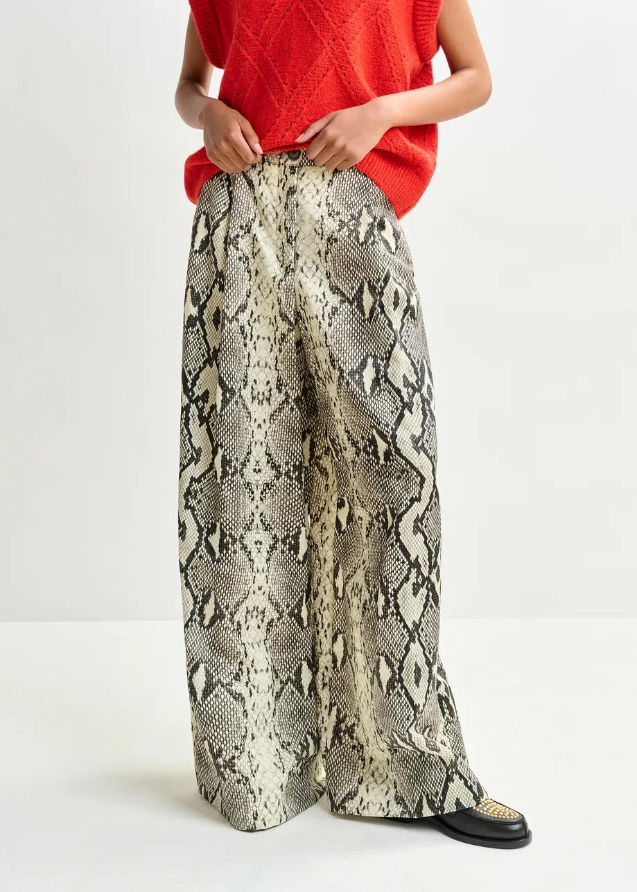 Green, beige and black snakeprint wide-leg pants