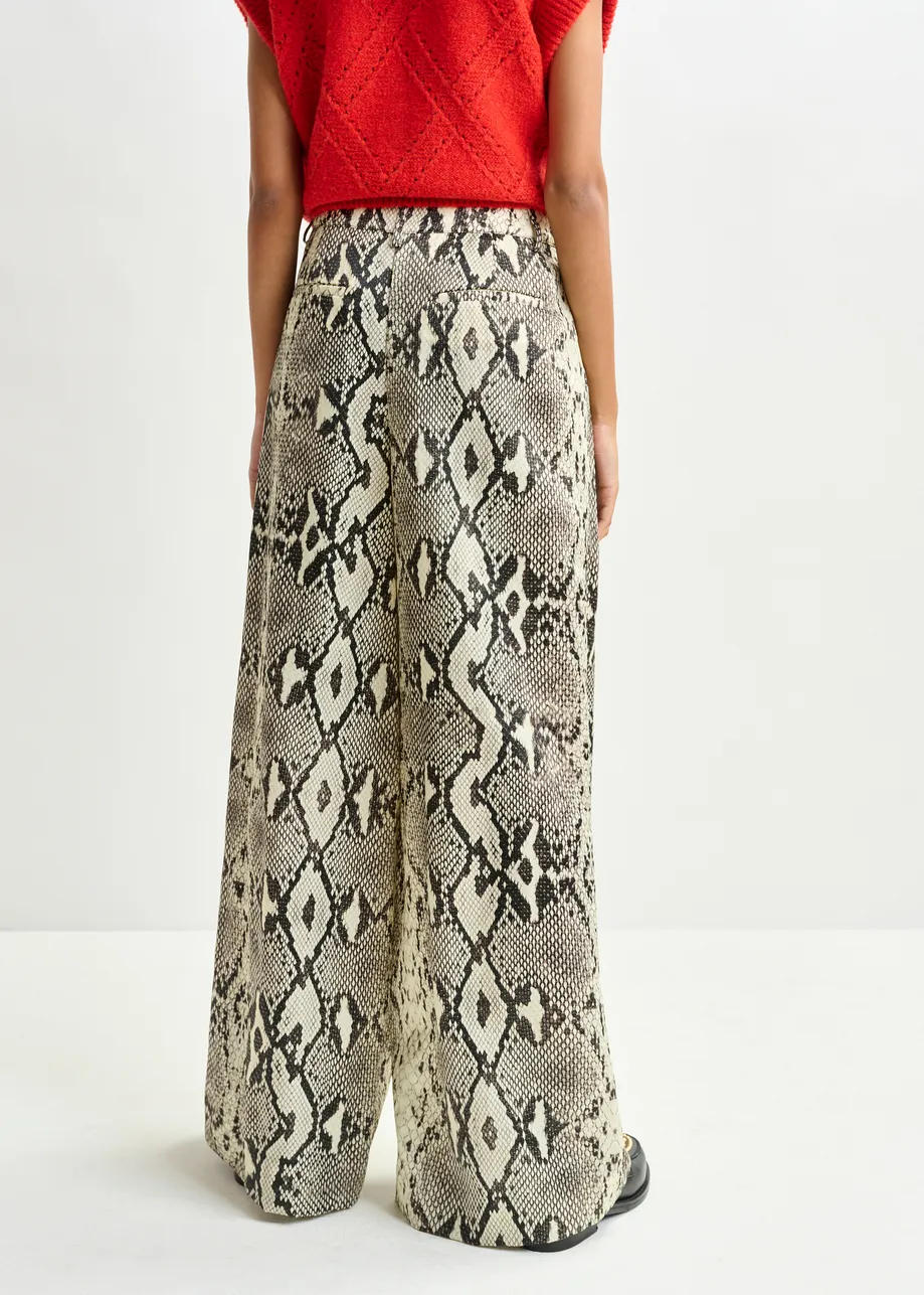 Green, beige and black snakeprint wide-leg pants
