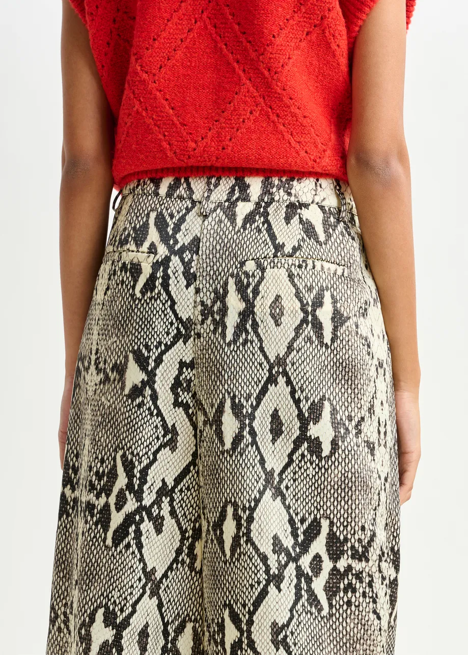 Green, beige and black snakeprint wide-leg pants