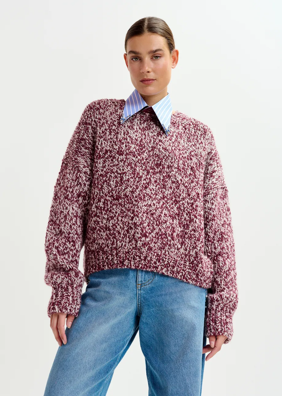 Burugndy and off-white melange wool-blend sweater