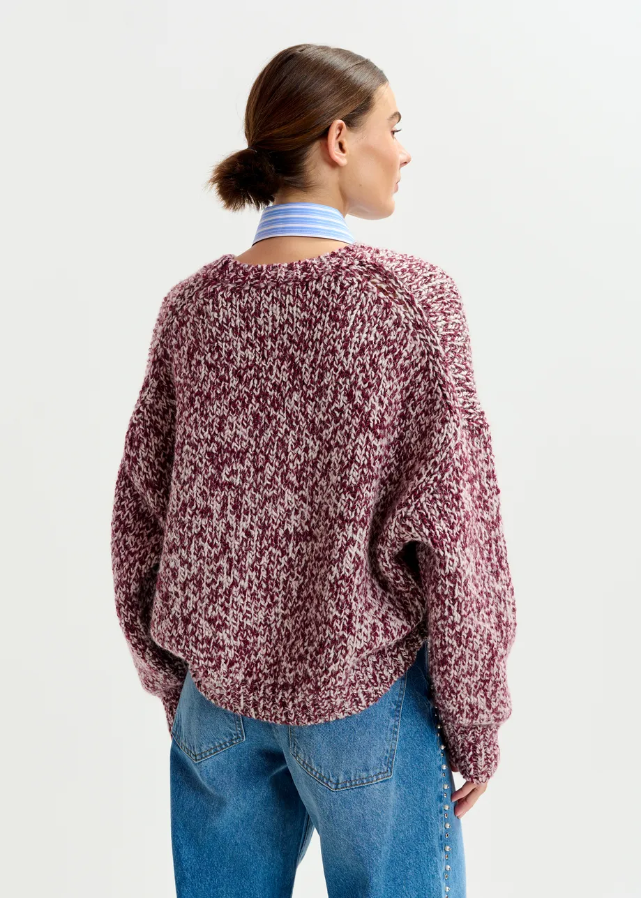 Burugndy and off-white melange wool-blend sweater