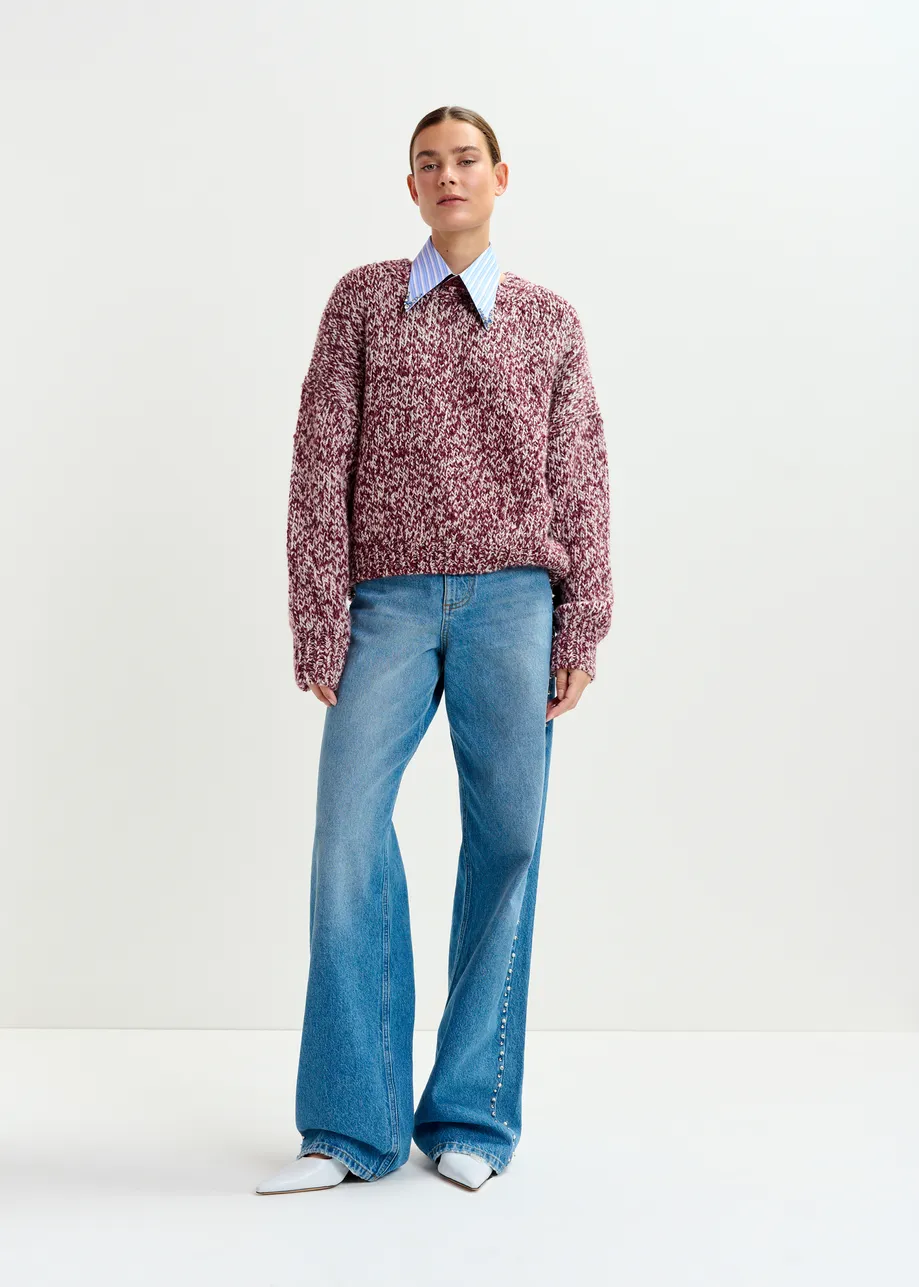 Burugndy and off-white melange wool-blend sweater