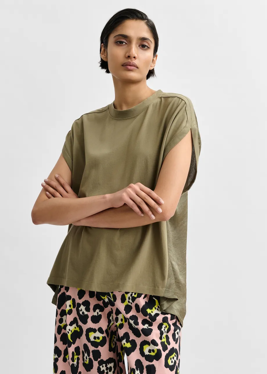 Khaki cap-sleeve organic cotton T-shirt