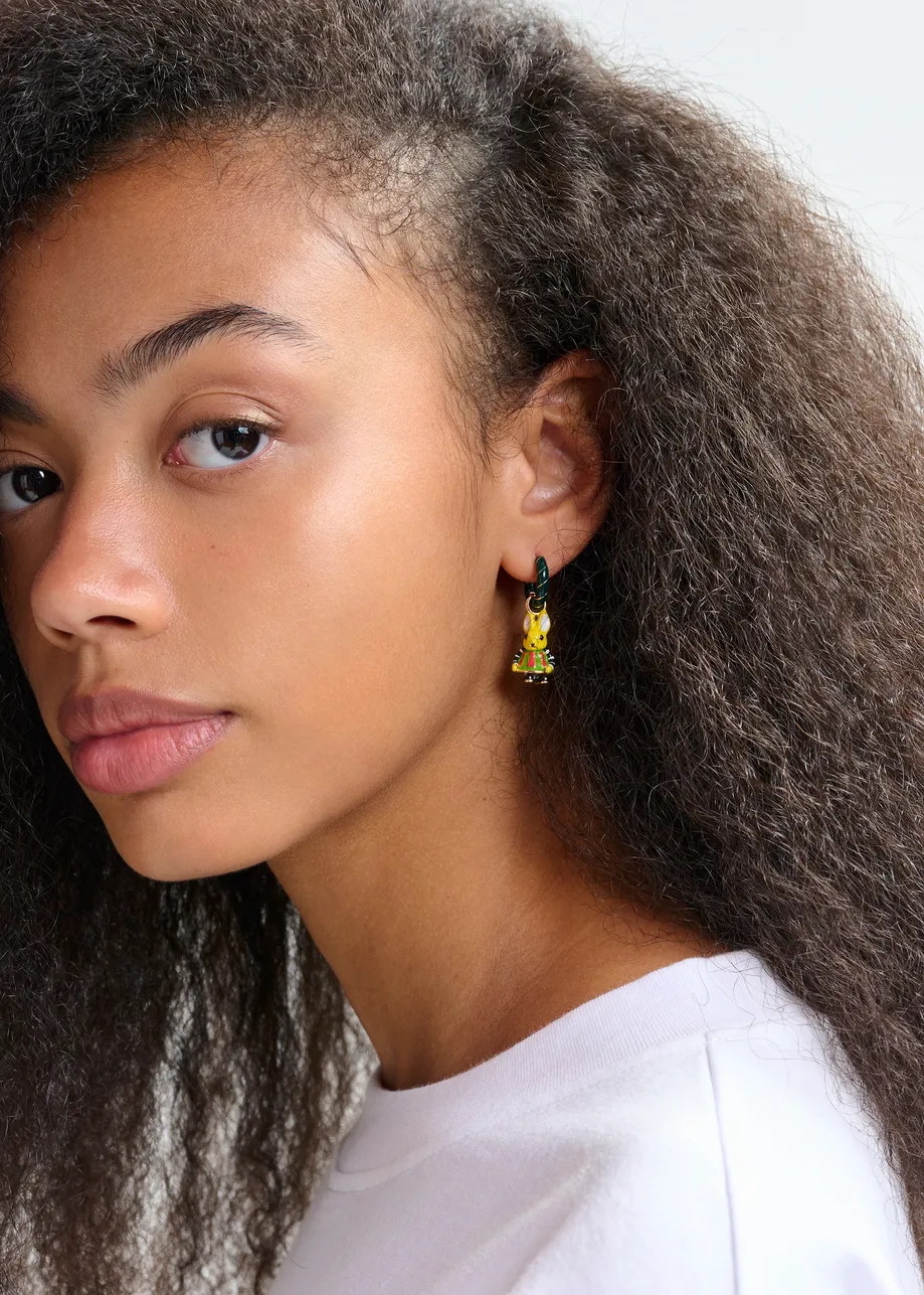 Dark green and gold hoop earrings with bunny and bone pendants
