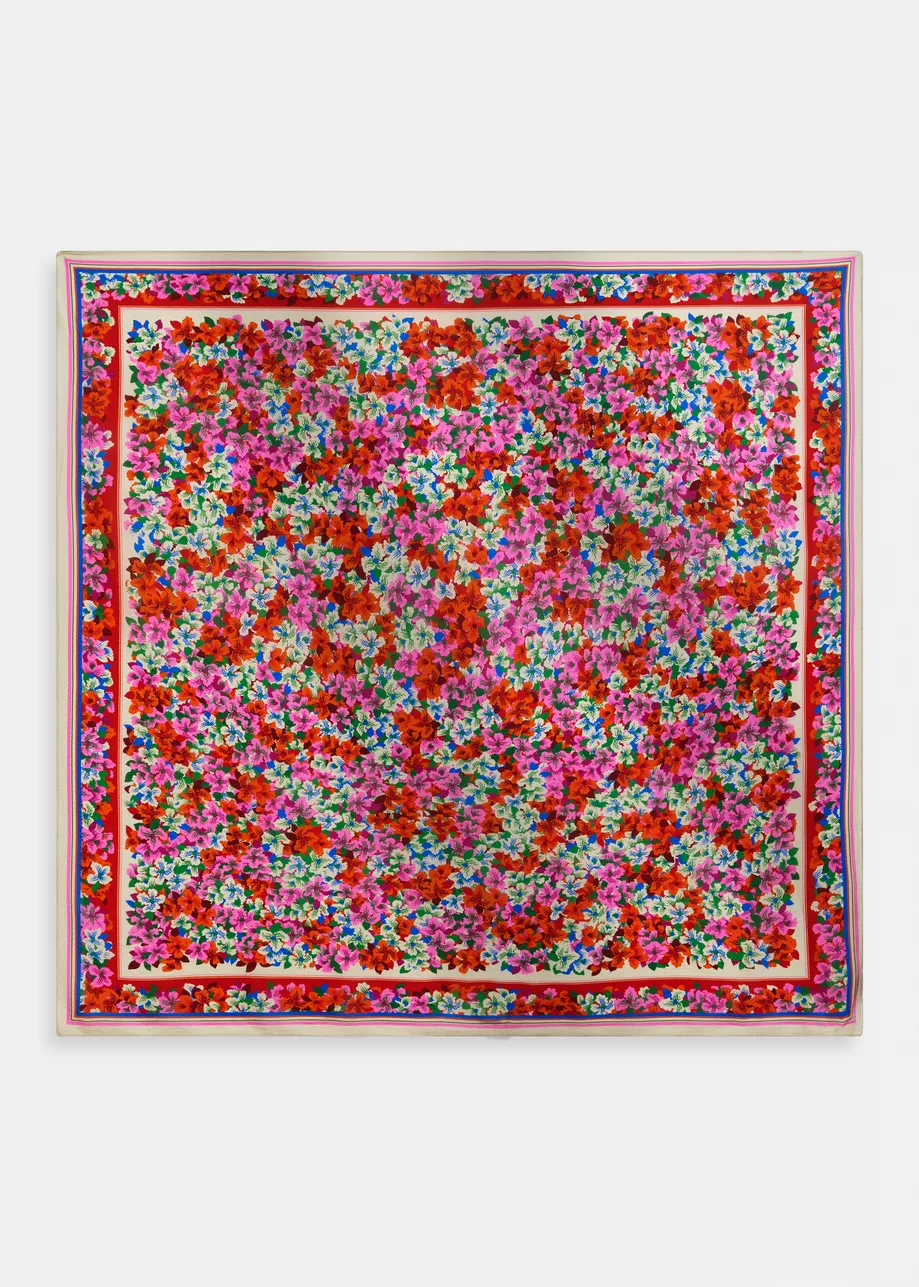 Purple, red and multicolor square silk-blend scarf with multicolor floral print