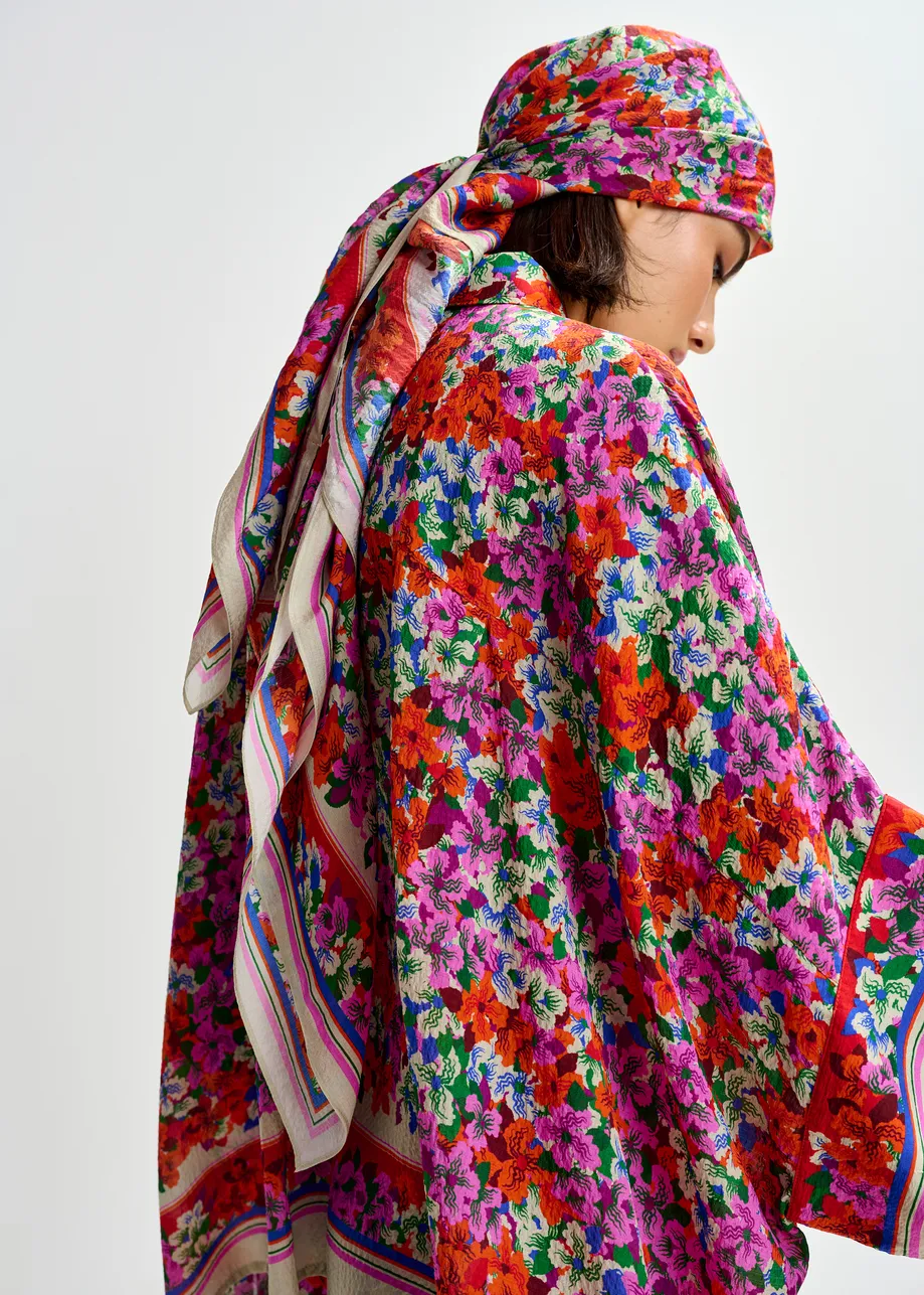 Purple, red and multicolor square silk-blend scarf with multicolor floral print
