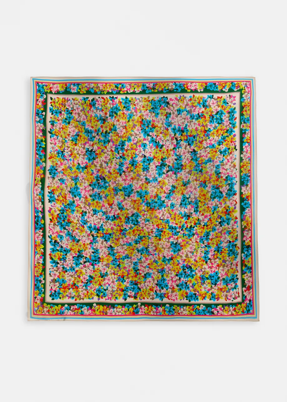Yellow, blue and multicolor square silk-blend scarf with multicolor floral print
